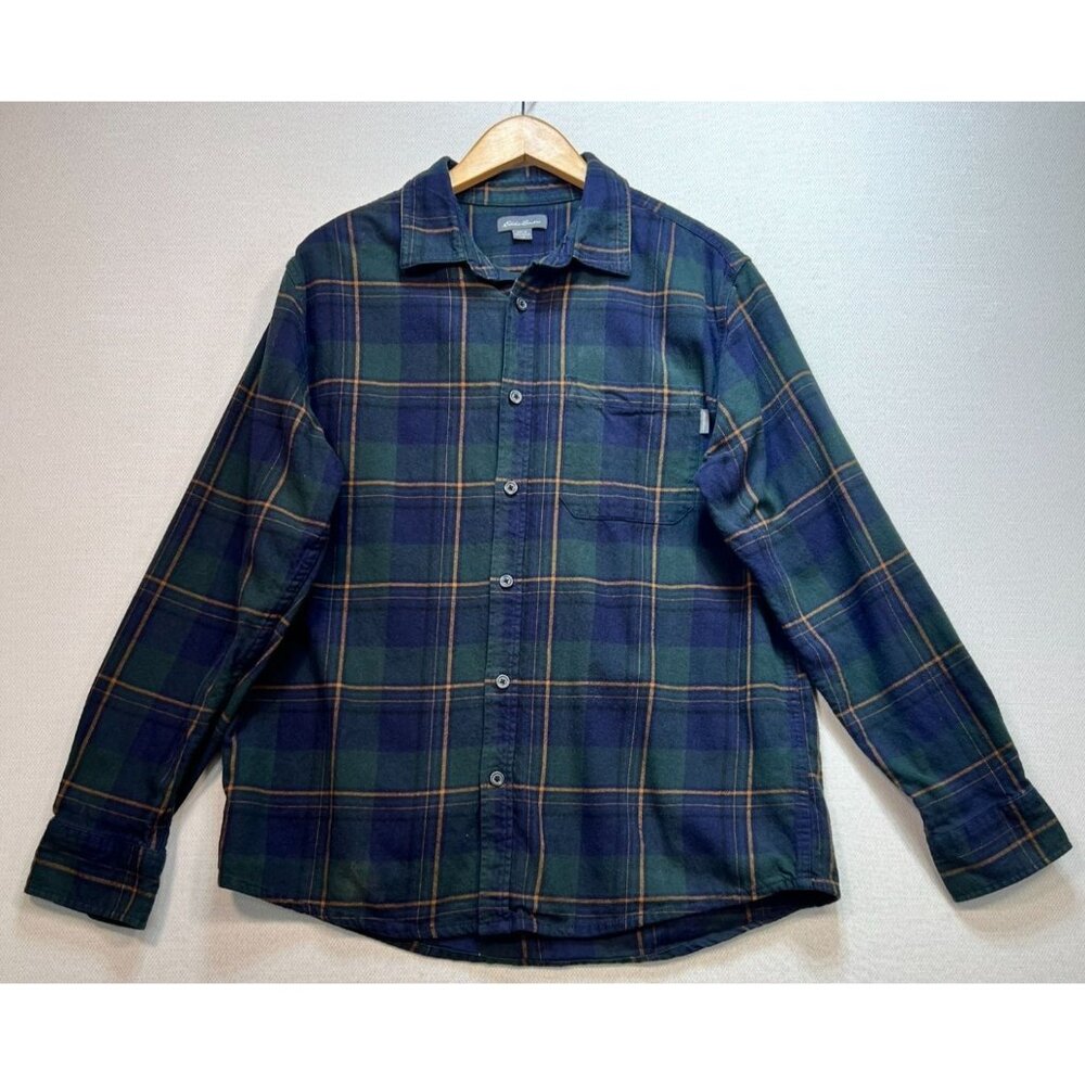 Eddie Bauer Mens Bristol Flannel Button Up Shirt Size L Green Blue Windowpane